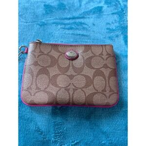Coach Signature Canvas Small Wristlet Brown Pink Leather Trim Logo Pouch Bag